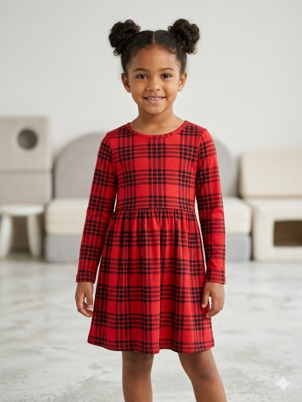 Cat & Jack Red and Black Plaid Long-Sleeve Dress